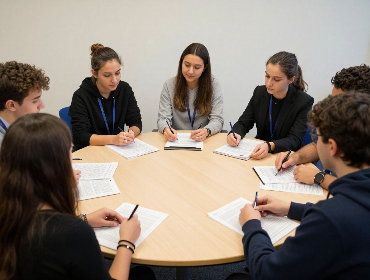 Небольшая группа студентов журналистики за круглым столом обсуждает материалы, раскрытые ноутбуки и распечатанные статьи на столе, академическая атмосфера