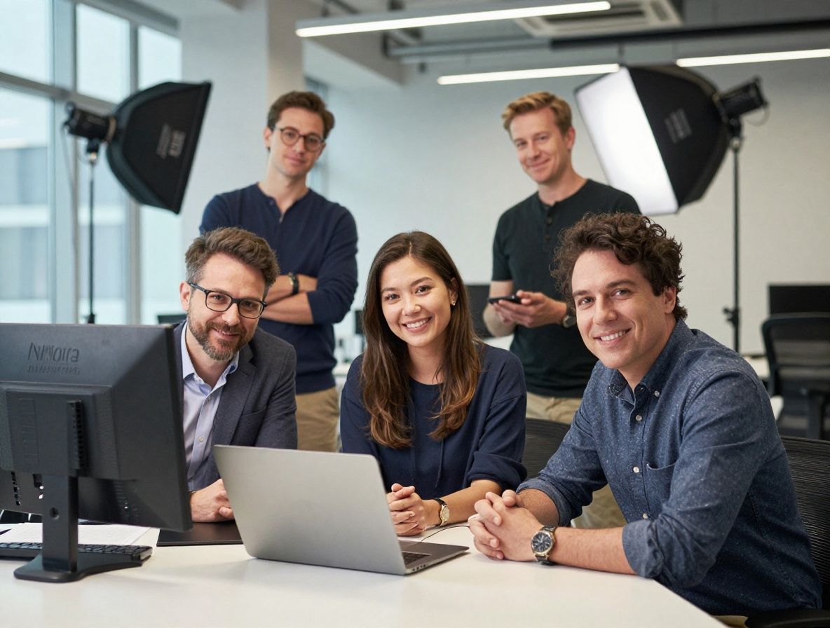 Команда основателей Newsora — три человека — за рабочим столом в современном медиалабе, улыбаются на камеру, на заднем плане профессиональное студийное оборудование