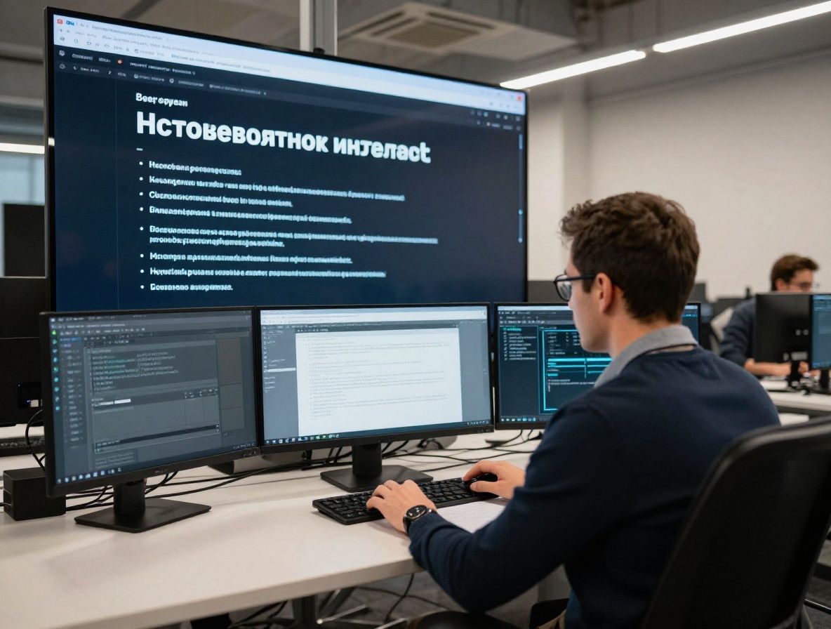 Журналист работает с интерфейсом искусственного интеллекта на большом экране, текстовый редактор открыт рядом, футуристический цифровой офис