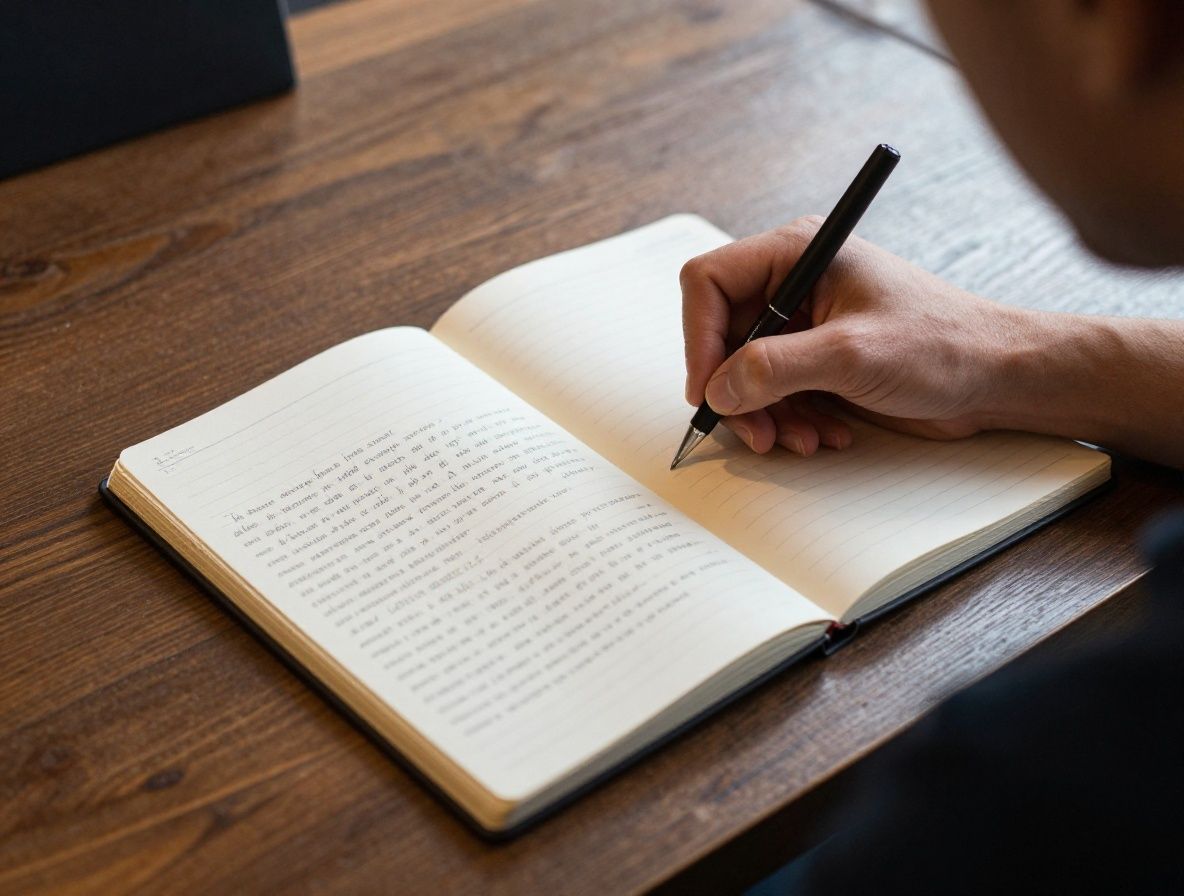 Журналист пишет от руки в блокноте в кофейне, перед ним открытый ноутбук с текстом статьи, творческая рабочая атмосфера