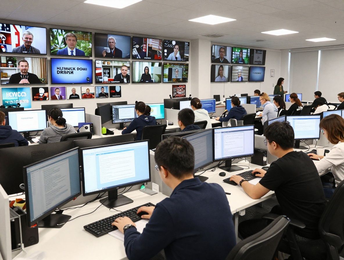 Редакция цифрового медиаиздания: журналисты работают за рабочими местами, открытое планировочное пространство с экранами новостных трансляций на стенах