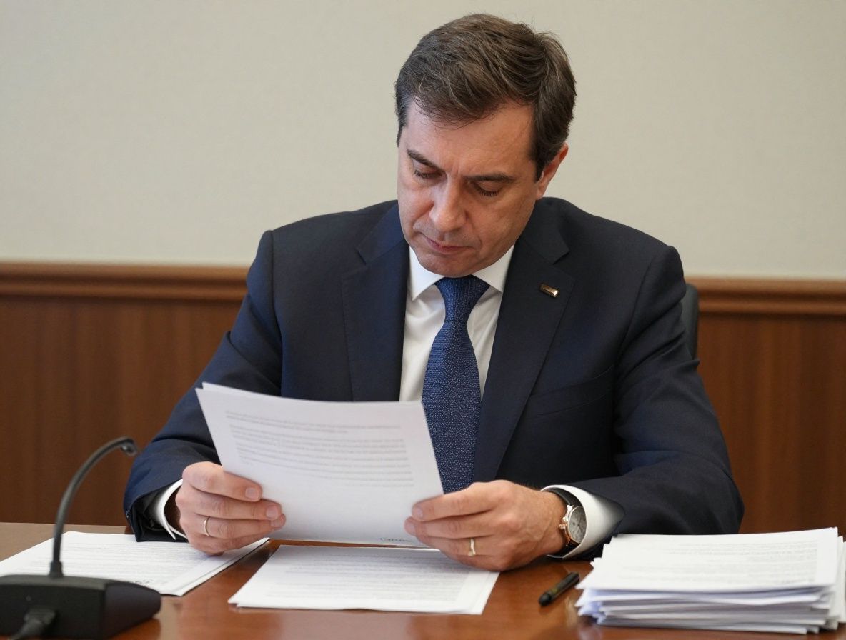 Журналист-расследователь изучает документы и материалы дела, разложенные на большом столе, серьёзный сосредоточенный вид