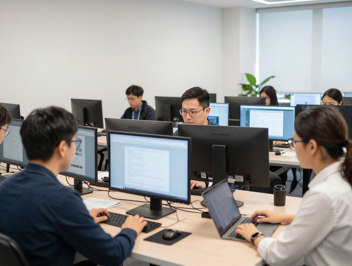 Современный ньюсрум с журналистами, работающими за компьютерами, с несколькими экранами на заднем плане, в светлом офисном пространстве