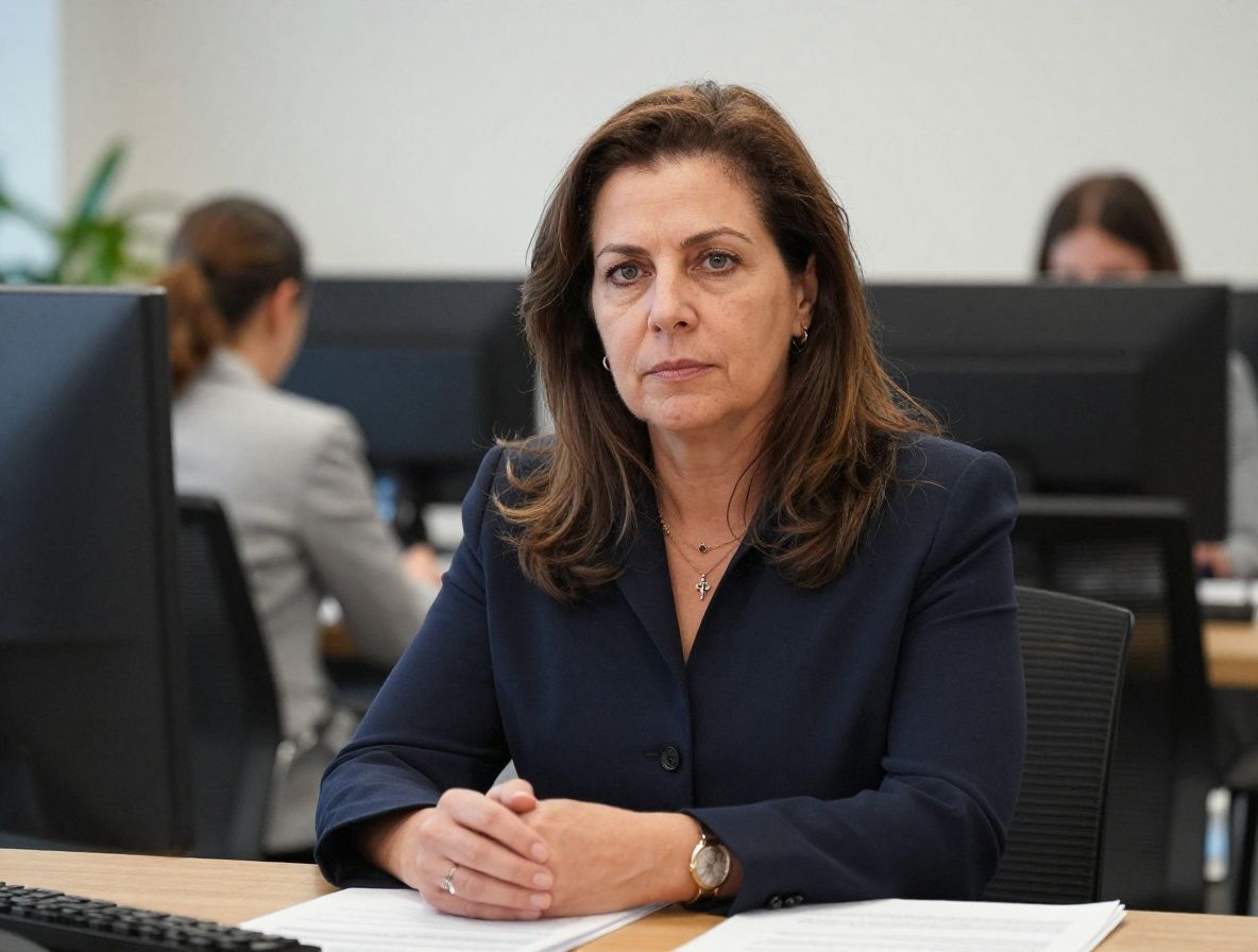 Профессиональный портрет женщины-журналиста средних лет с уверенным взглядом, деловая обстановка редакции на заднем плане