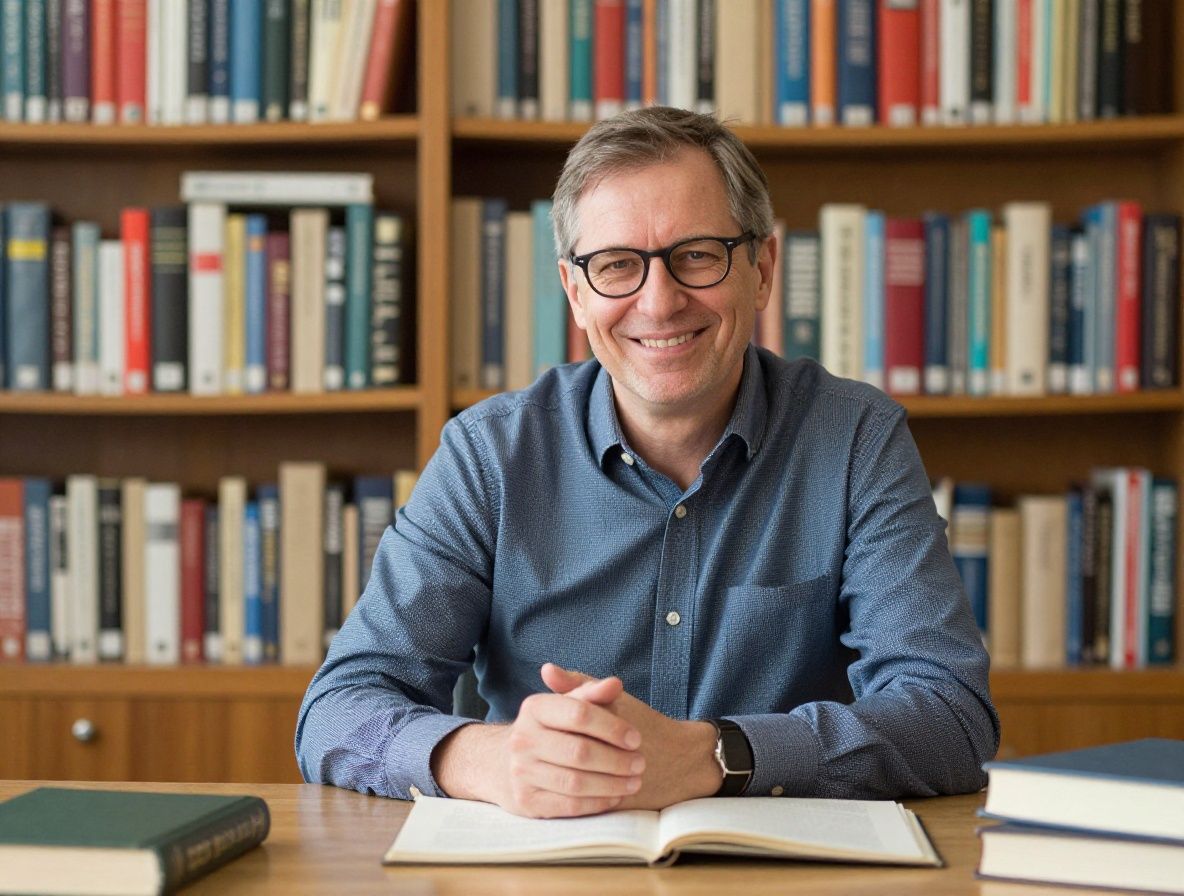 Портрет мужчины-журналиста средних лет в очках с дружелюбной улыбкой, книжные полки и рабочий стол в университетском кабинете