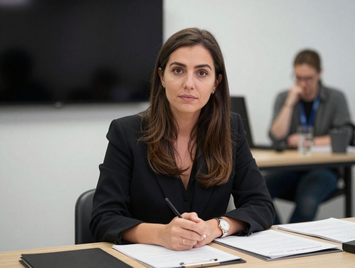 Портрет молодой женщины-журналиста с энергичным взглядом, на заднем плане современная студия цифрового медиа