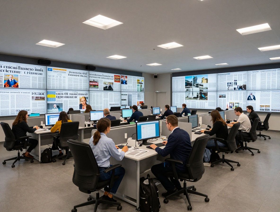 Панорамный вид на современный редакционный зал газеты: сотрудники за рабочими местами, интерактивные доски и экраны с новостными трансляциями
