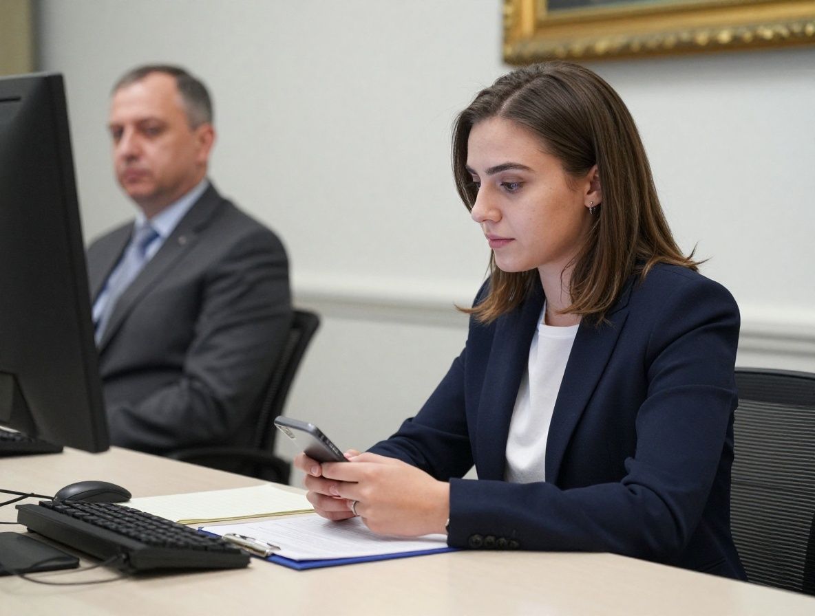 Молодая женщина-журналист с диктофоном берёт интервью у официального лица возле здания муниципалитета, профессиональный деловой вид